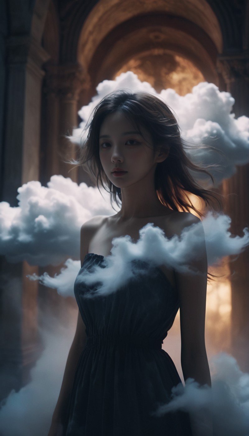 posing,
(cloud:1.3),a woman wearing a dress made of thunder clouds,wearing TCloud,
(a girl made of clouds:1.2),(castle:0.8...